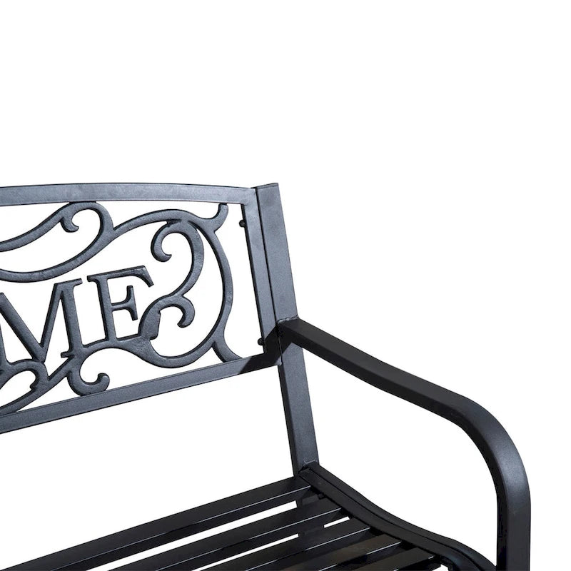 Banc de jardin extérieur en métal avec assise à lattes pour parc, porche, cour, entrée, noir