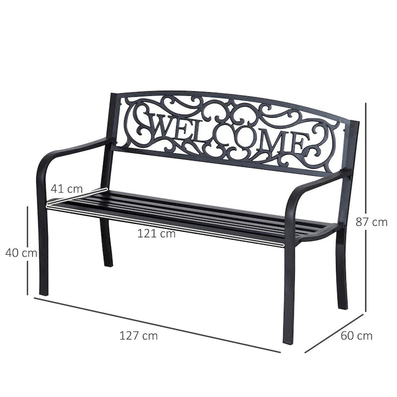 Banc de jardin extérieur en métal avec assise à lattes pour parc, porche, cour, entrée, noir