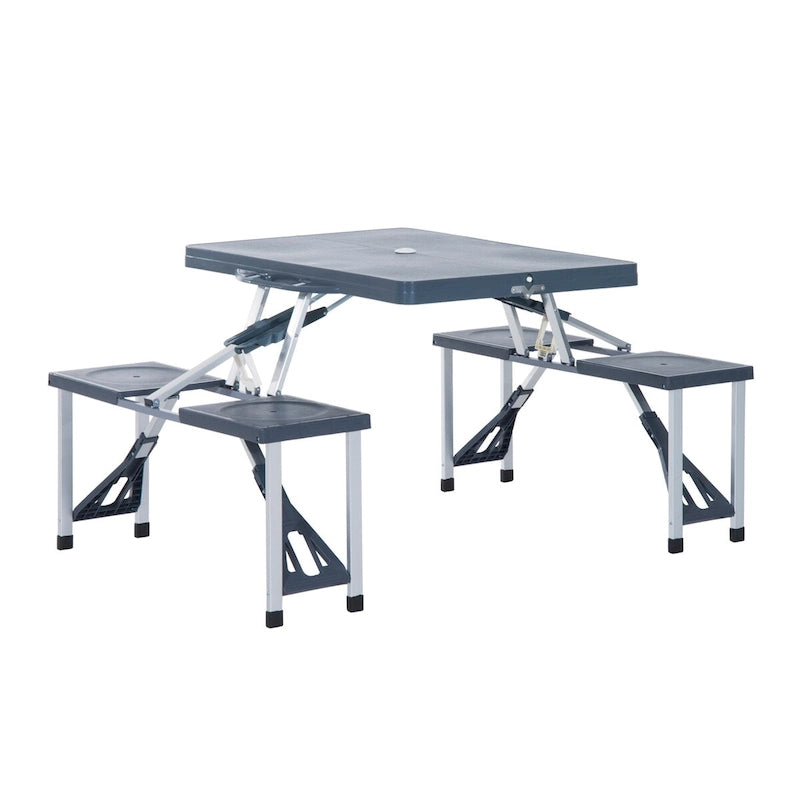 Table de pique-nique pliante portable avec sièges et trou de parasol, 4 places, cadre en aluminium