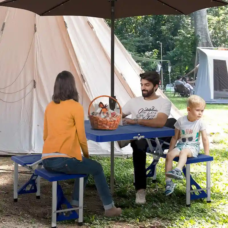 Table de pique-nique pliante portable avec sièges et trou de parasol, 4 places, cadre en aluminium