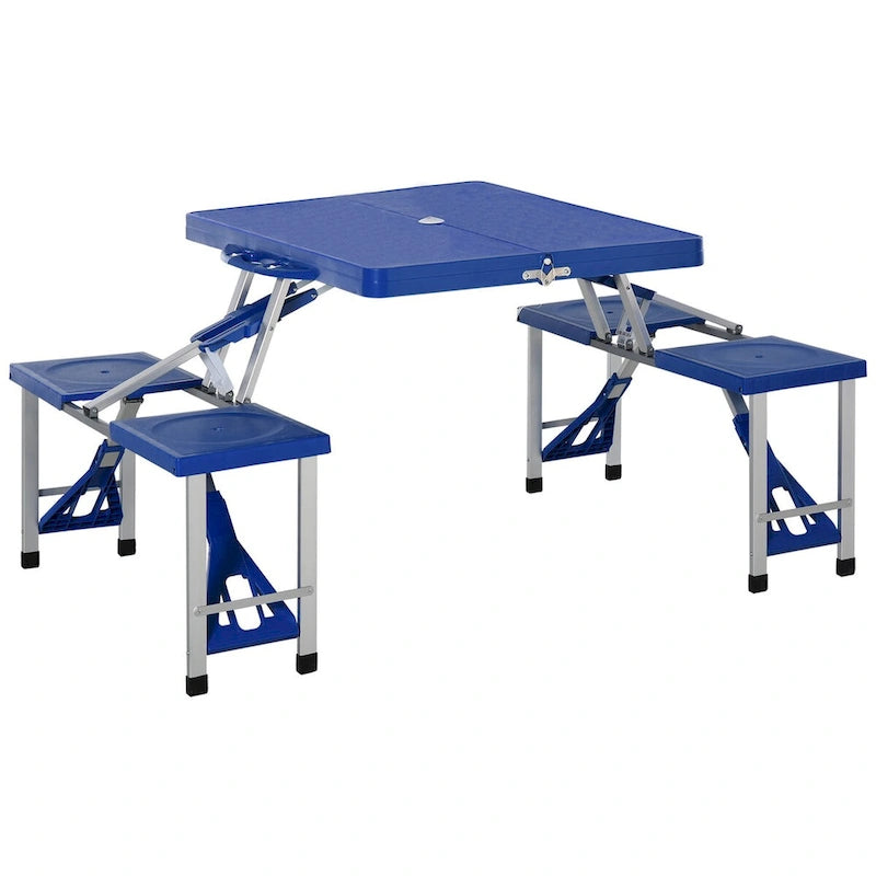 Table de pique-nique pliante portable avec sièges et trou de parasol, 4 places, cadre en aluminium