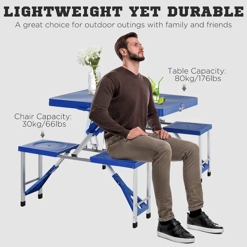 Table de pique-nique pliante portable avec sièges et trou de parasol, 4 places, cadre en aluminium