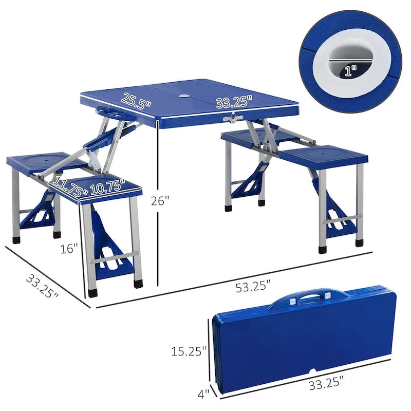 Table de pique-nique pliante portable avec sièges et trou de parasol, 4 places, cadre en aluminium