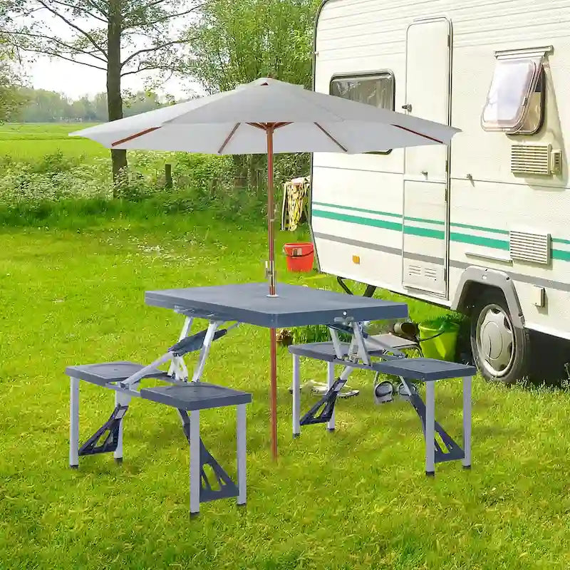 Table de pique-nique pliante portable avec sièges et trou de parasol, 4 places, cadre en aluminium