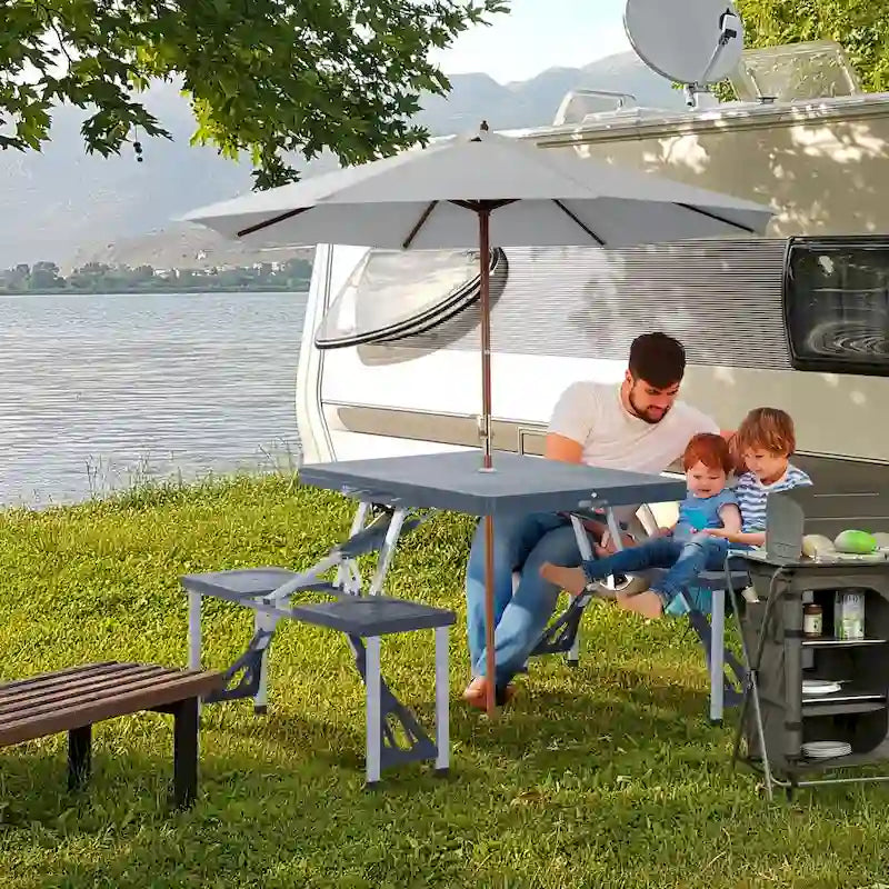 Table de pique-nique pliante portable avec sièges et trou de parasol, 4 places, cadre en aluminium