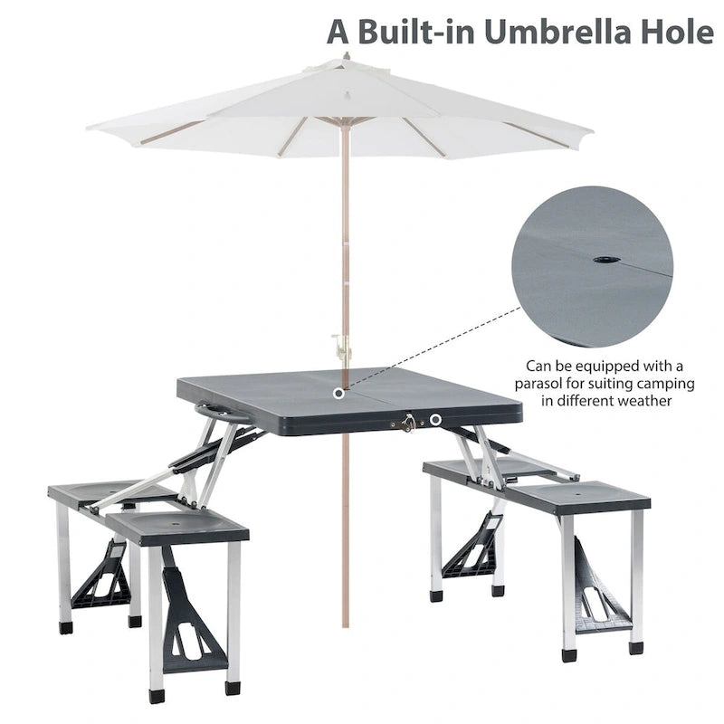 Table de pique-nique pliante portable avec sièges et trou de parasol, 4 places, cadre en aluminium