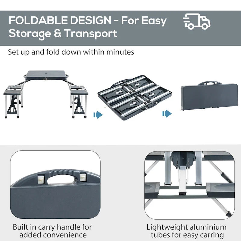 Table de pique-nique pliante portable avec sièges et trou de parasol, 4 places, cadre en aluminium