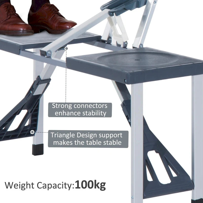 Table de pique-nique pliante portable avec sièges et trou de parasol, 4 places, cadre en aluminium