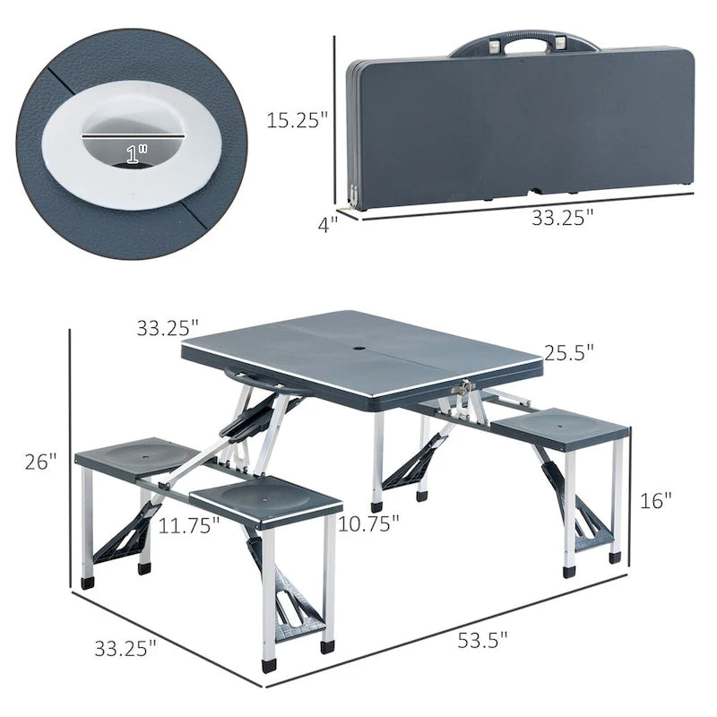 Table de pique-nique pliante portable avec sièges et trou de parasol, 4 places, cadre en aluminium