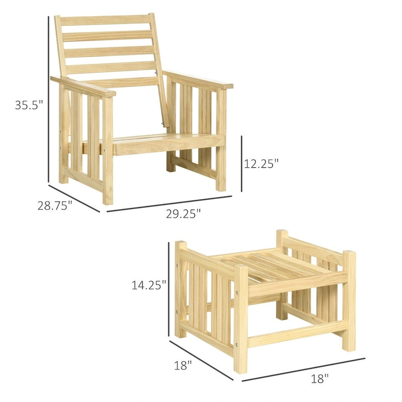 Fauteuil de jardin en bois avec pouf, chaise longue d'extérieur rembourrée, canapé avec repose-pieds