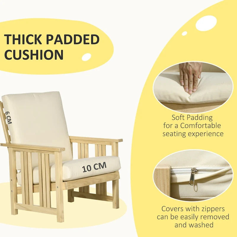 Fauteuil de jardin en bois avec pouf, chaise longue d'extérieur rembourrée, canapé avec repose-pieds