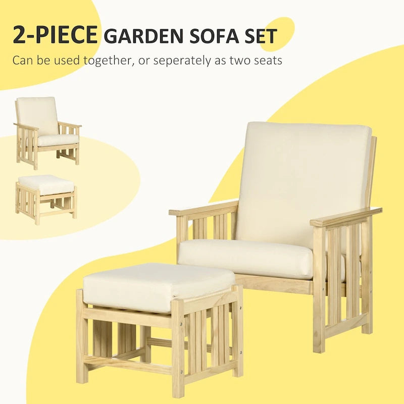 Fauteuil de jardin en bois avec pouf, chaise longue d'extérieur rembourrée, canapé avec repose-pieds
