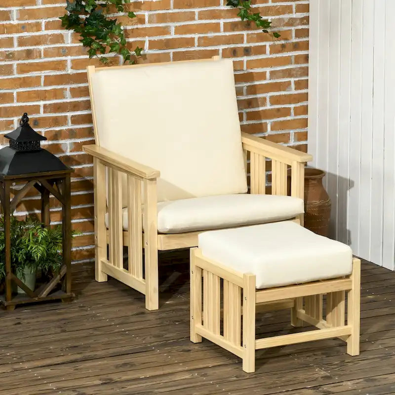Fauteuil de jardin en bois avec pouf, chaise longue d'extérieur rembourrée, canapé avec repose-pieds