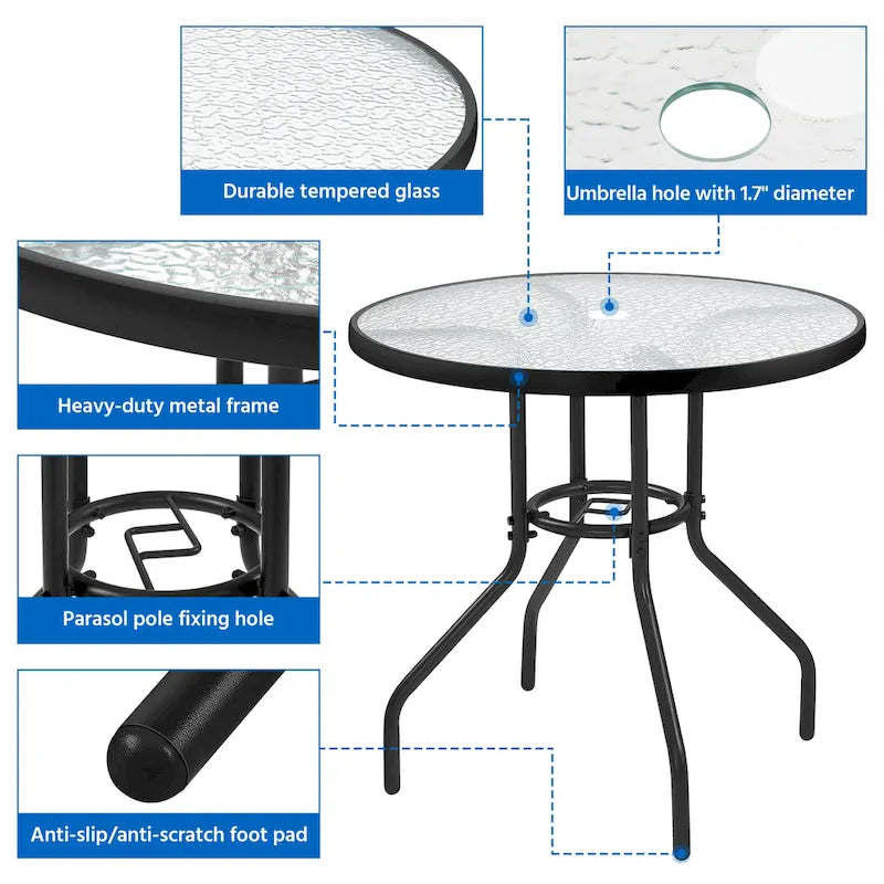 Table de bistro plateau en verre trempé 31,5 avec trou pour parasol