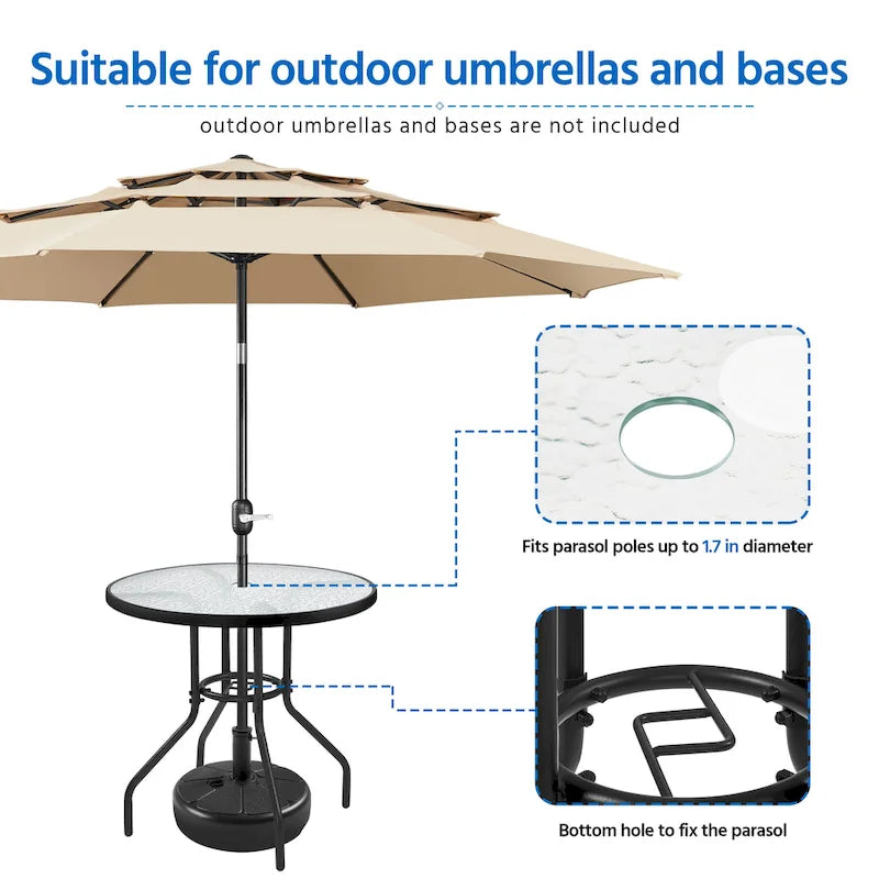 Table de bistro plateau en verre trempé 31,5 avec trou pour parasol
