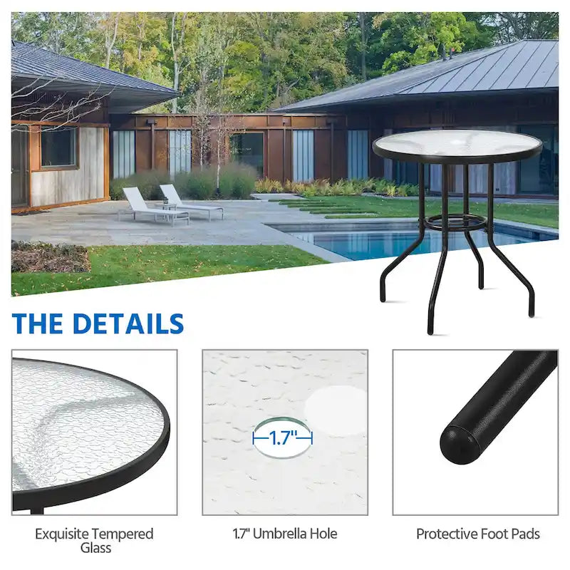 Table de bistro plateau en verre trempé 31,5 avec trou pour parasol