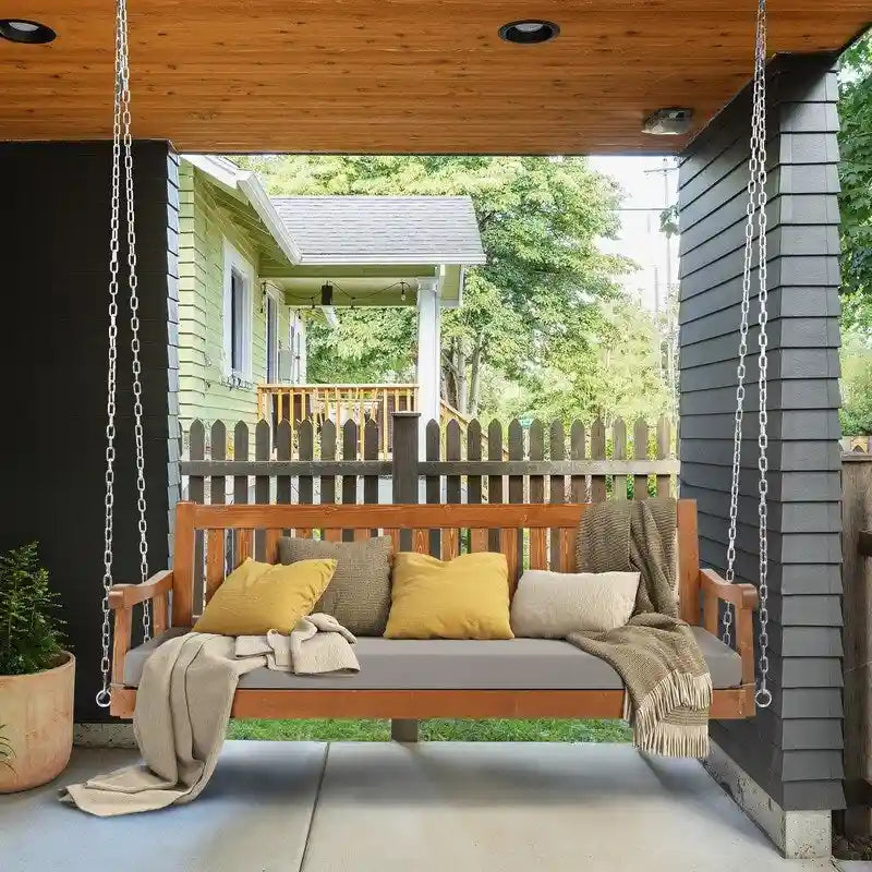 Balançoire de porche en bois massif 3 places avec coussin
