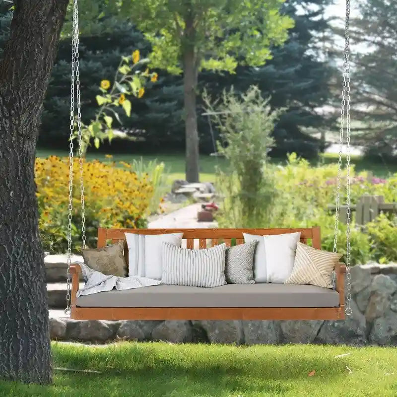 Balançoire de porche en bois massif 3 places avec coussin