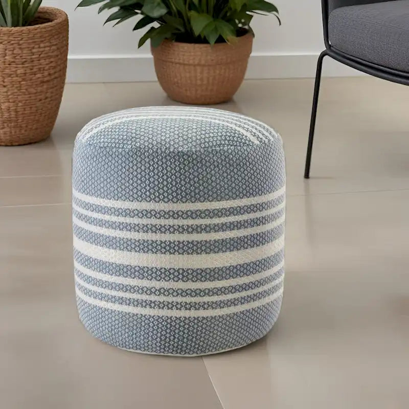 Pouf Ottoman Rond Rayé en Polyester Bleu pour Intérieur et Extérieur