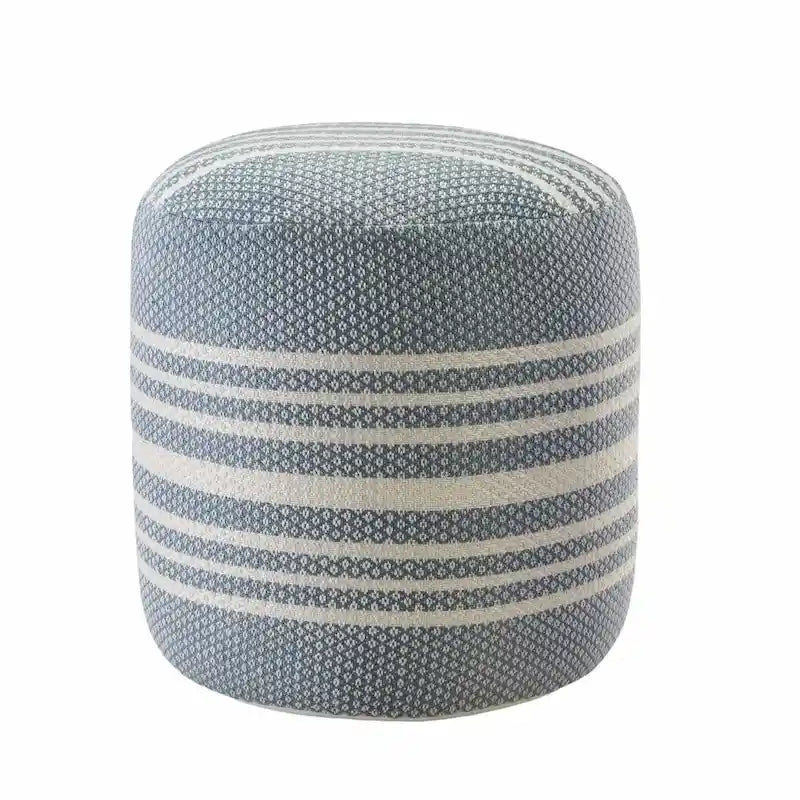 Pouf Ottoman Rond Rayé en Polyester Bleu pour Intérieur et Extérieur