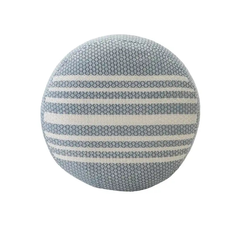 Pouf Ottoman Rond Rayé en Polyester Bleu pour Intérieur et Extérieur