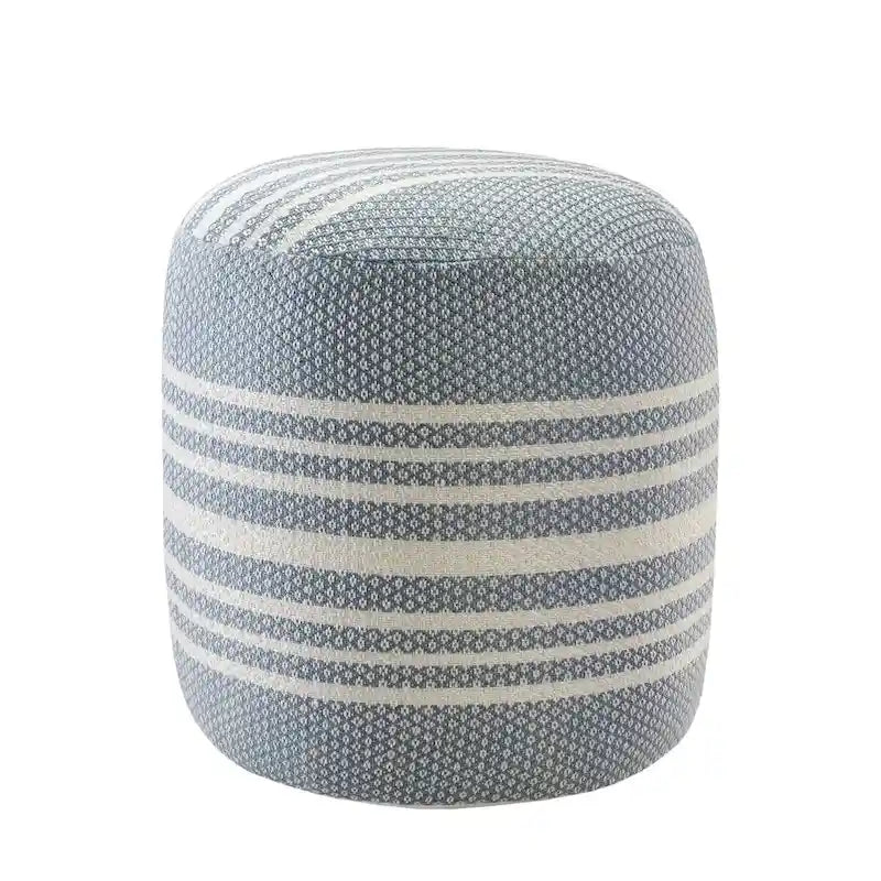 Pouf Ottoman Rond Rayé en Polyester Bleu pour Intérieur et Extérieur