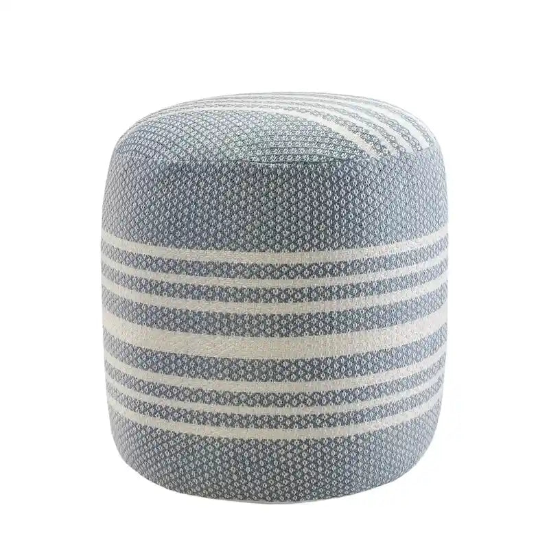 Pouf Ottoman Rond Rayé en Polyester Bleu pour Intérieur et Extérieur